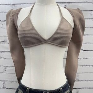 SER.O.YA Women Tan Ribbed Knit 2-Piece Halter Top and Bolero Shrug Set Size M